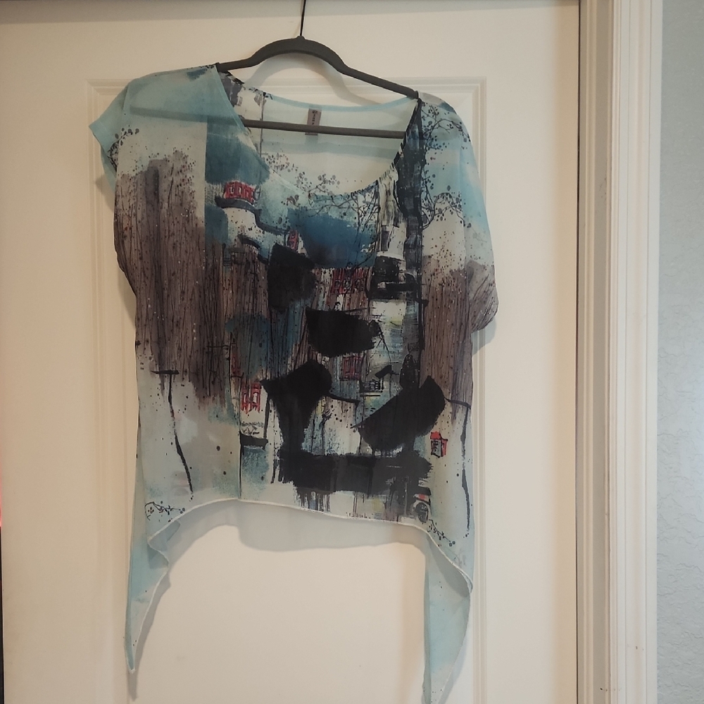 Miss Nikky Womans Abstract  asymmetrical Blue/Black Blouse with Artistic Flair